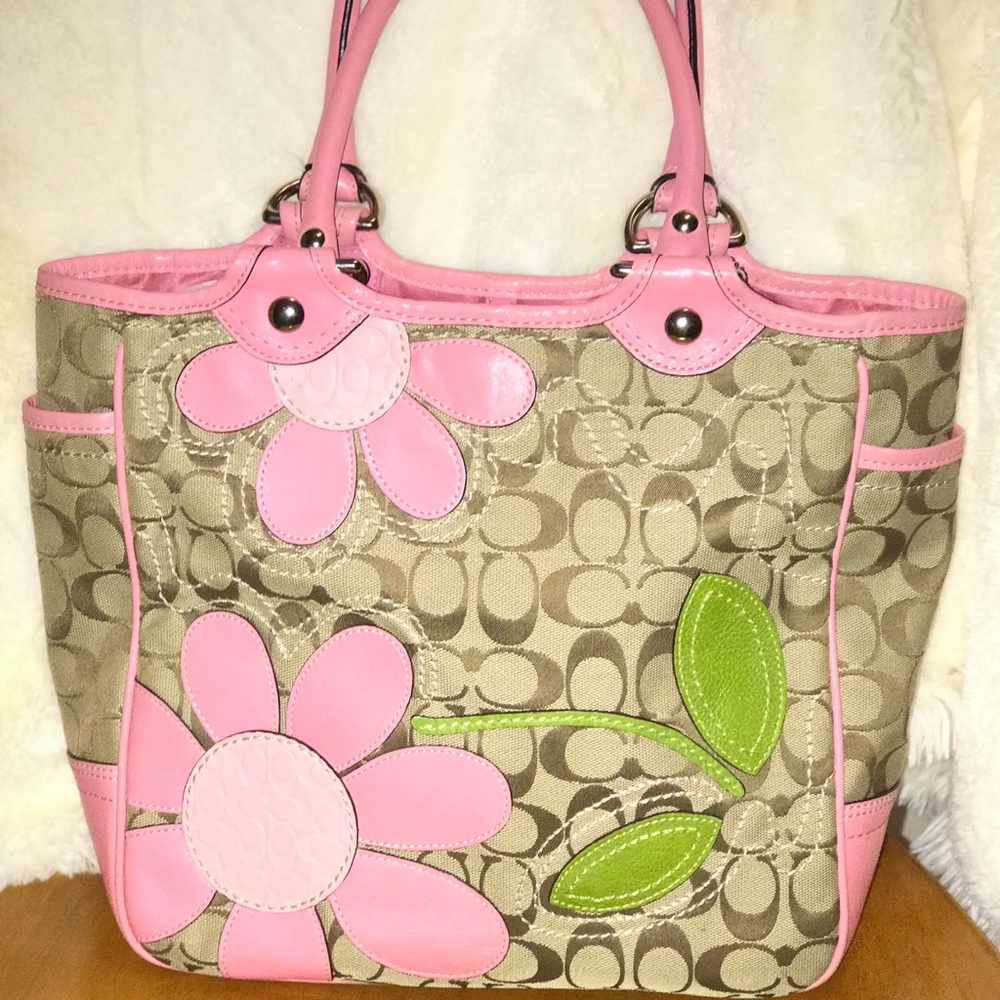 Coach Signature Khaki/Pink Daisy Flower Handbag